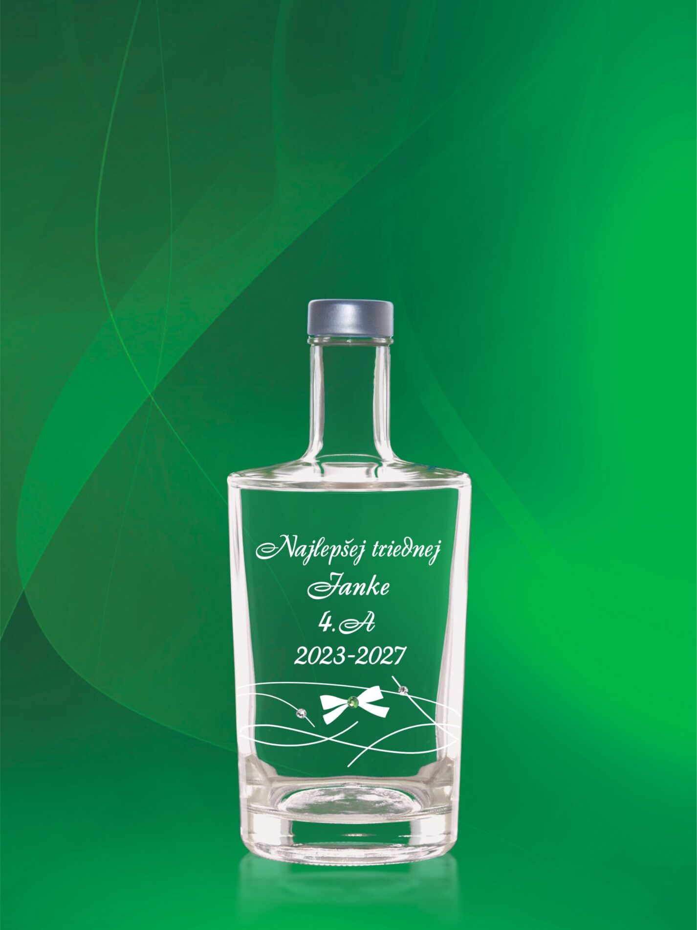 Detailné gravírovanie na fľašu na stužkovú pre profesorov.