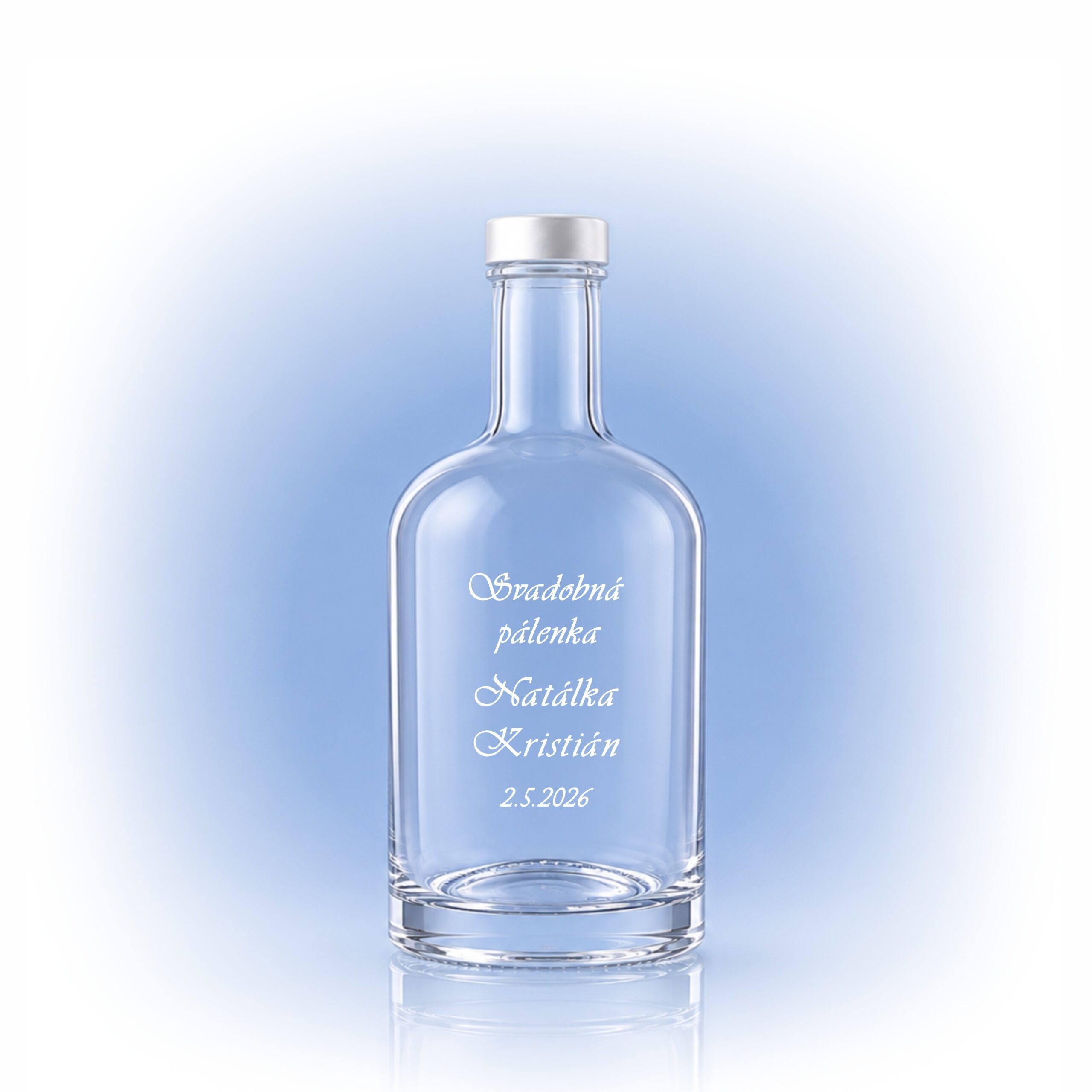 Svadobná fľaška pre novomanželov s menami a dátumom svadby